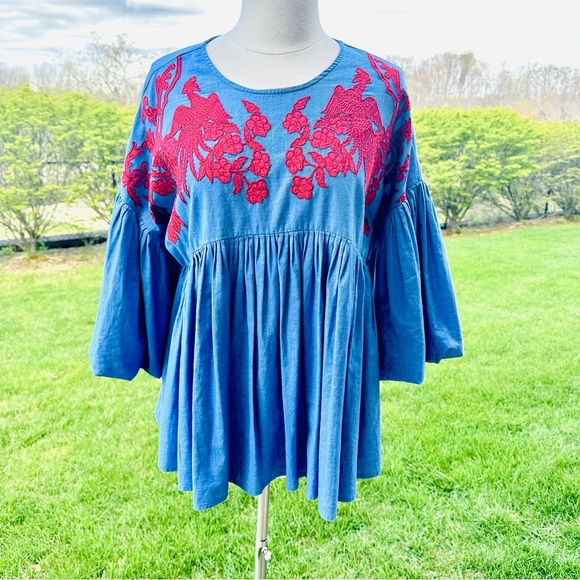 Anthropologie Hemant & Nandita Blue Lianna Embroidered Blouse Size S - Picture 3 of 16